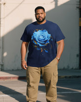 Men's Plus Size Blue Chest Hand Brush Flower Loose Round Neck Short Sleeve T-Shirt